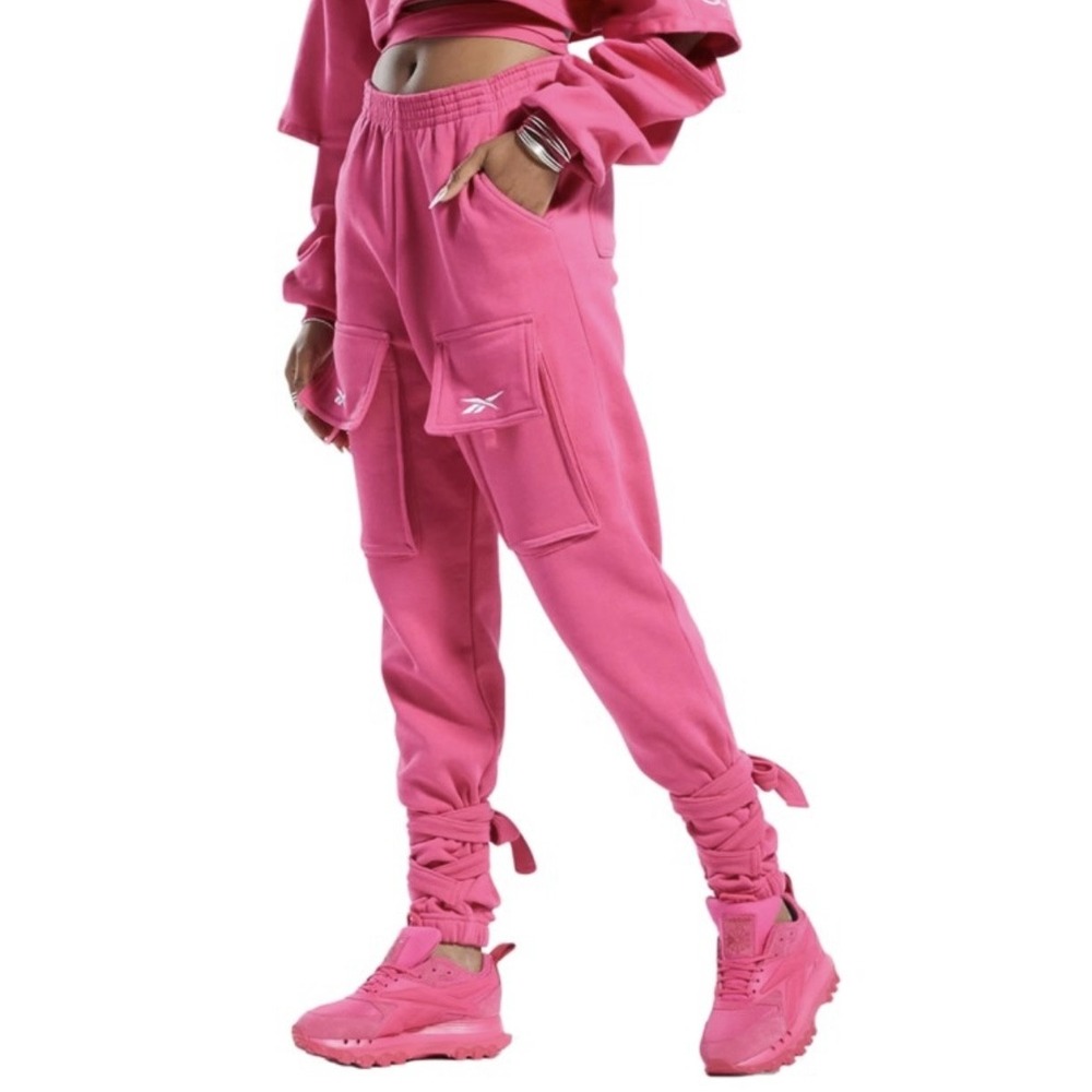 Reebok Cardi B Pants Womens XS Pink Fusion Knit Cargo Joggers Tie Waist &‎ Cuffs